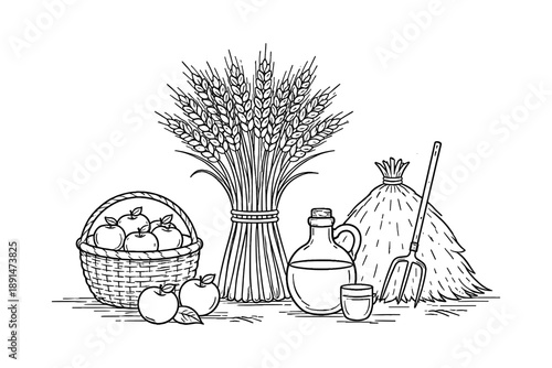Harvest season rustic farm scene with wheat, apples, and pitchfork in black and white