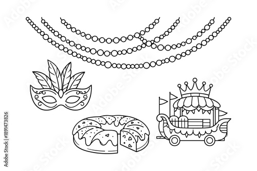 Festive carnival elements with mask, beads, king cake, and parade float in outline style