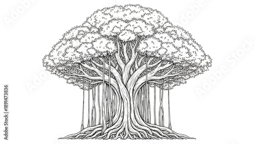 Detailed illustration of a tree with intertwined trunks and sprawling roots.