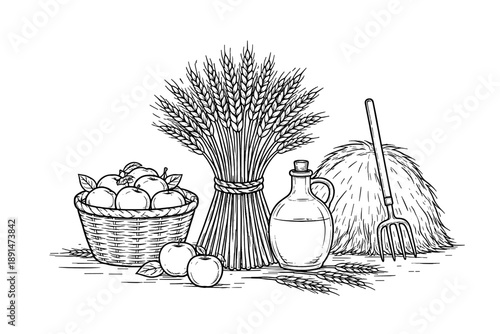 Rustic harvest scene with wheat sheaf, apples, and farming tools in vintage style