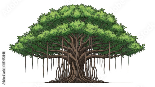 Illustration of a banyan tree with aerial roots and lush green foliage.