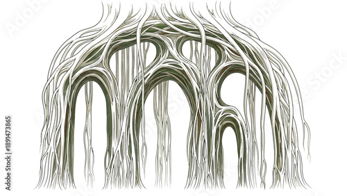 Intricate illustration of intertwined branches forming arches.