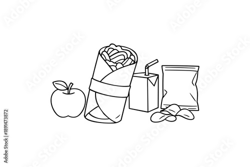 Black and white line drawing of lunch items including wrap, juice, apple, chips