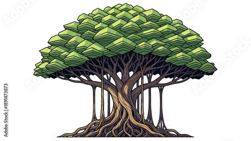 A majestic banyan tree with sprawling roots and lush green foliage.