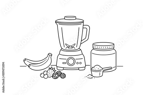 Line art blender with fruits and protein powder for healthy smoothies