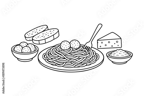 Black and white outline of spaghetti meal with meatballs, bread, and cheese