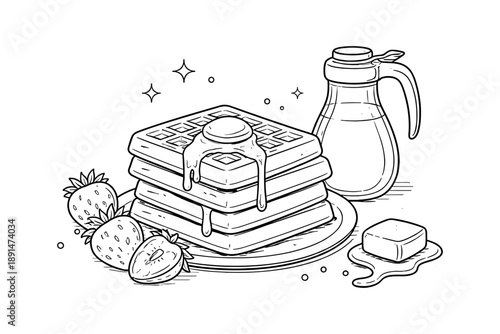 Delicious breakfast waffles with syrup and strawberries in black and white line art