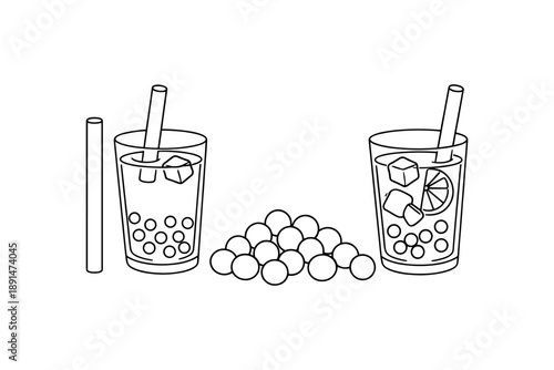 Bubble tea line art: black and white drinks with tapioca pearls and ice cubes