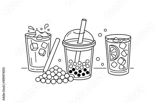 Beverage lineart: bubble tea and refreshing drinks with ice cubes
