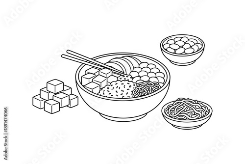 Line art of asian cuisine with noodles, rice, and mochi in bowls