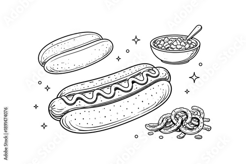 Hand drawn hot dog, bun, pretzels, and salsa with doodle stars and circles