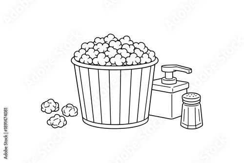 Popcorn bucket with salt and butter in outline style