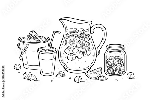 Refreshing summer lemonade line art with fruits and ice in glass pitcher
