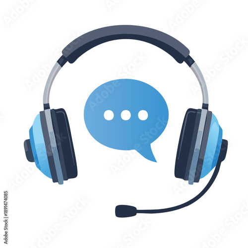 Professional communication headset icon featuring a prominent blue speech bubble with ellipsis dots symbolizing ongoing customer service support or technical assistance in a digital environment