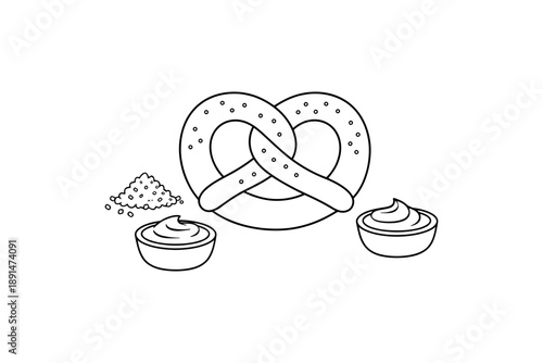 Outline of pretzel with salt and dipping sauces in minimalist design