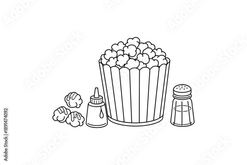 Minimalist popcorn outline with seasoning and sauce bottles in simple black and white style