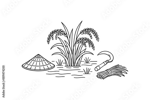 Rice farming icons: traditional tools and crop elements in linear style