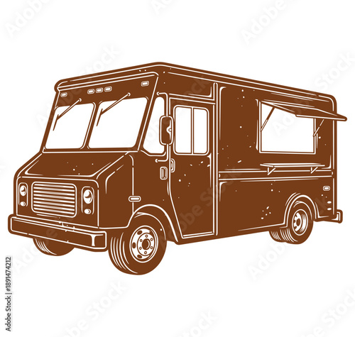 Brown food truck illustration with white outline on white background