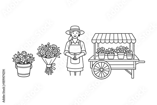 Woman florist with flower cart in outline style