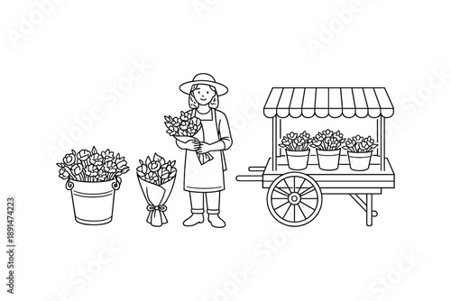 Floral vendor with cart and bouquets sketch in simple black and white