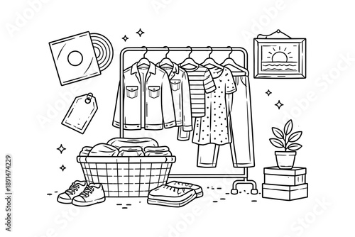 Minimalist linear clothing rack with outfits and accessories