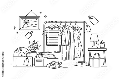 Cozy closet scene with fashionable outfits and accessories in linear illustration style