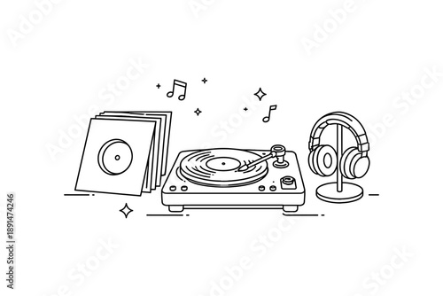 Minimalistic line art of turntable and headphones with vinyl records and music notes