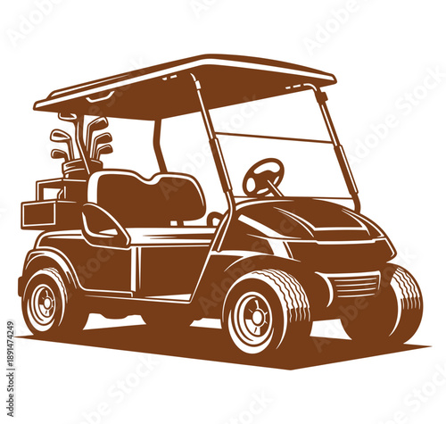 Brown golf cart with golf clubs on back isolated on white background