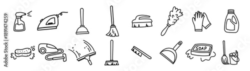 cleaning tools doodle icon bundle set household equipment maid broom, mop, brush,