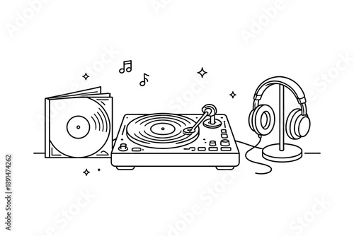 Vintage turntable setup with headphones and vinyl records in minimal outline style
