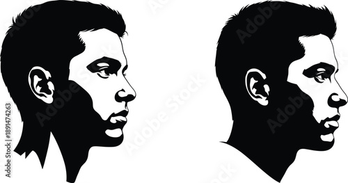 Black and white silhouettes of two men's heads profiles silhouette, black and white, men's heads, profiles, side views, hair, facial ears, noses, mouths, simple white background, black, white, silhoue