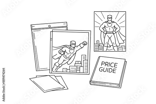 Comic book enthusiast's desk with superhero drawing and price guide
