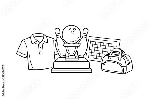 Bowling champion essentials: equipment and trophy line art design