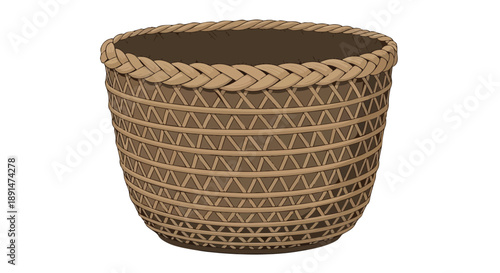 A beautifully crafted cylindrical brown basket featuring intricate woven patterns and a braided rim, perfect for decorative storage in various