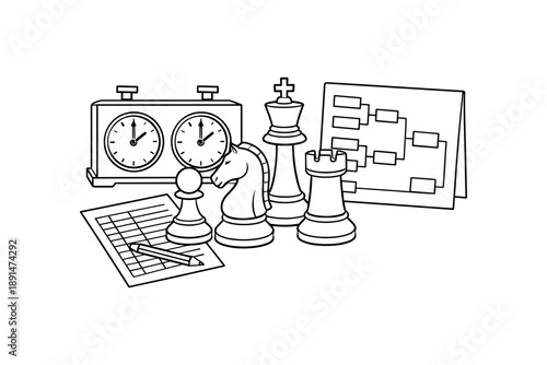 Linear chess tournament setup with clock and strategy board