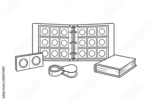 Monochrome coin collection setup with album, magnifying glass, and book outline