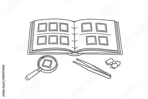Stamp collection drawing with magnifying glass and tweezers