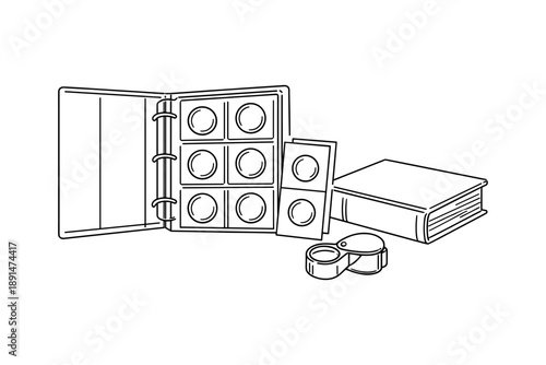 Coin collecting essentials: albums, loupe, and storage in line art style