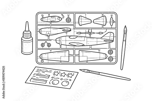 Monochrome model airplane kit with glue and brush essentials for hobbyists