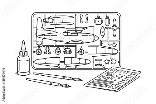 Monochrome model airplane kit with glue and paintbrushes in linear style