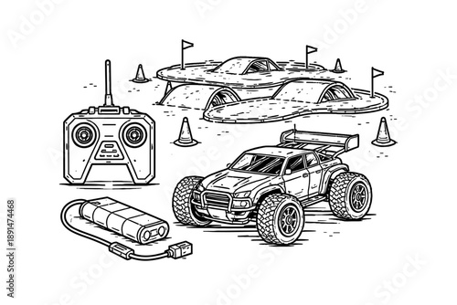 Remote control off-road car and track with controller and battery pack in detailed sketch design