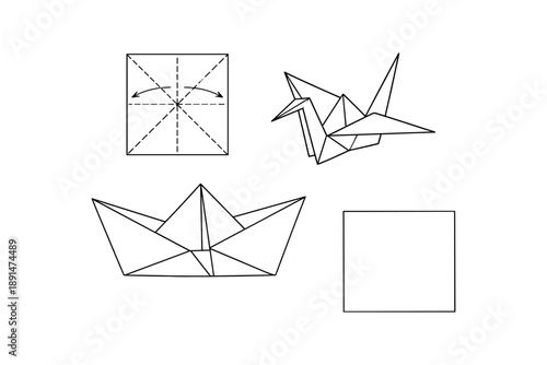 Origami instructions for paper crane and boat on white background
