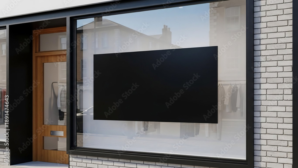 Fototapeta premium Blank black sign in storefront window with clothing racks visible inside
