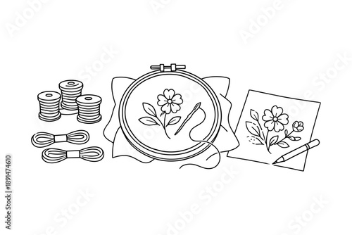 Minimalist line art embroidery design with floral motif and supplies