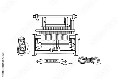 Traditional weaving machine with tools in linear design