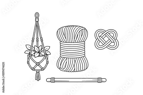 Monochrome macrame elements: plant holder, cord, knot, and stick