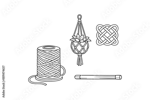 Crafting essentials: macrame kit with yarn, knot, and plant hanger design