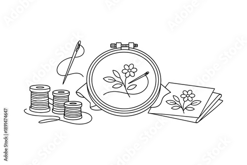 Minimalistic line drawing of embroidery set with hoop and needle for craft enthusiasts