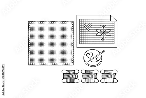 Cross stitch essentials: pattern, needle, and threads in minimalist black and white design