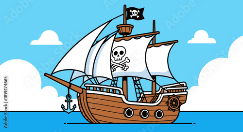 Pirate Ship Sailing on Ocean.